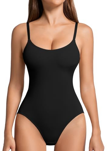 ONEW Shapewear Bodysuit Women Seamless Round Neck Camisole Top Tummy Control Full Body Shaper Waist Trainer Cami Vest with Spaghetti Straps Black M