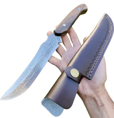 Obespina Grand Couteau Damas Forgé Main lame fixe suminagashi japonais tranchant manche bois étui cuir végétal extérieur camping randonnée Cadeau Homme Chasse EDC Artisanat tanto solide Full Tang