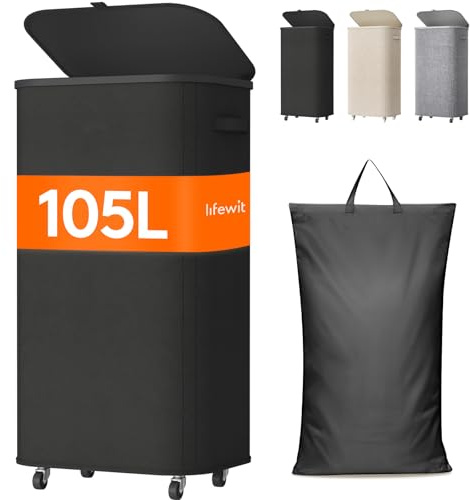 Lifewit Cesto Porta Biancheria Sporca con Coperchio e Ruote, Portabiancheria Pieghevole con Sacco Rimovibile, Laundry Basket per Camera da Letto, Bagno e Lavanderia, 105L, Nero
