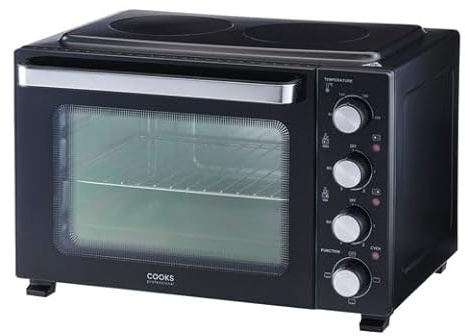 Cooks Professional Mini Portable Oven with Ceramic Hobs | Energy Efficient Electric Countertop Cooker with Two Hot Plates & Wire Rack Baking Tray | Kitchen Grill Ovens | 34L Capacity | Black & Silver