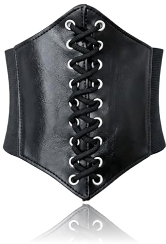 Women’s Elastic Costume Waist Belt, Lace-Up Waist Cincher Belt, Wide Stretch Waspie Corset Belt with PU Leather Front, Vintage Costume Waistband for Dresses, Blouses, Costumes and Everyday Outfits