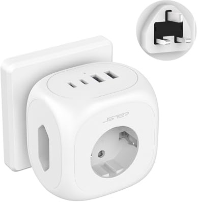 Adattatore da Viaggio Universale JSVER con 2 Porte USB-C e 2 USB-A,3 Prese CA con Porte di Ricarica Rapida (5V, 3A), Multipresa 7 in 1 con Spina di Tipo G,3250W (max 13A) per Regno Unito-Bianco