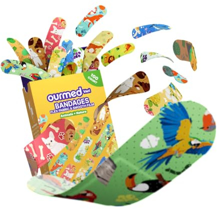 Ourmed Vari Colorful Adhesive Bandages Family Pack, Flexible Fabric & Breathable PE Film Bandages with 10 Fun Patterns, Latex-Free First Aid Bandages for Cuts and Scrapes, 100 Count