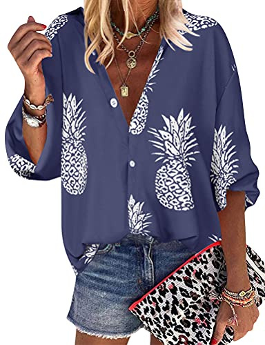 Yihelian Hawaii skjorta damer sommar blus blommor ananas tryck knappar Hawaii-skjorta 3/4 ärm V-ringad skjortblus strandtröja, Hawaii-outfit blusskjorta toppar för strand semester, 1 Blå, M