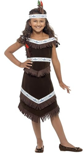 Smiffys Indianer-Kostüm von amerikanischen Ureinwohnnern inspiriert, für Mädchen, braun, Fransenkleid und Feder-Stirnband Halloween