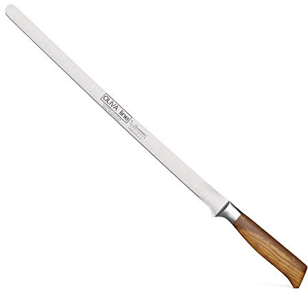 Burgvogel Solingen Lachsmesser 31 cm geschmiedet Olivenholz, Oliva Line, rostfrei, hell, scharf, Braun Beige