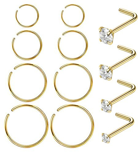 Masedy Nose Rings 12Pcs 20G 316L Stainless Steel L Shaped Nose Studs Cartilage Tragus Septum Piercing Gold
