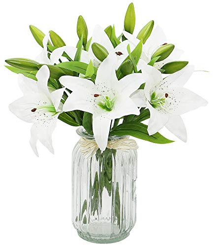 6 Fleurs Lys Artificielle Bouquets Blanc, Faux Réaliste Fleur Lis pour la fête de Mariage décoration d'intérieur Jardin (Blanc, 6)