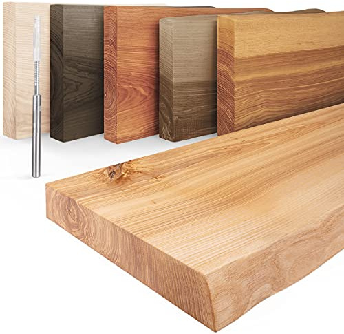 LAMO Manufaktur vägghylla, trähylla med en naturlig kant, bedrövad, med 2 stöd, Naturlig Aska 100cm, LW-01-A-002-100W
