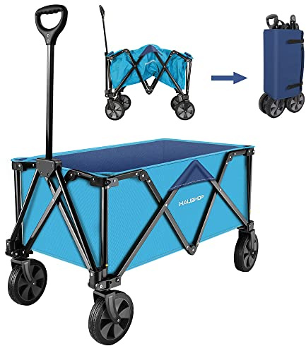 HAUSHOF Heavy Duty Collapsible Wagon, Folding Outdoor Utility Wagon, Camping Garden Beach Cart with Universal Quick Release Wheels, Adjustable Handle, 176 lbs Load Capacity, Blue