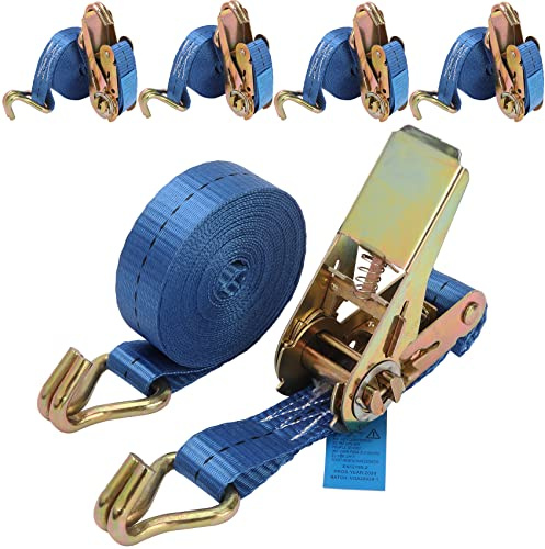 BOMKEE Ratchet Tie Down Straps, 4 Pack 800kg 4M Tensioning Belts Heavy Duty Adjustable Lashing Straps with Hook, Quick Release Cam Buckle Lifting Straps for Motorcycle, Cargo, Trucks, Trailer, Blue