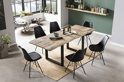 SAM 7tlg. Essgruppe Noar 200 (300) x 100 cm, Mangoholz massiv, 2 Ansteckplatten, naturfarben, Baumkantentisch, U-Gestell Schwarz + 6X Schalenstuhl Lerche in Schwarz