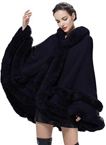BEAUTELICATE Knit Cape Coat Women Knitted Hooded Cloak Poncho with Fur Trims Faux Fur Shawl Wrap Stole Fashion Oversize Cardigans for Autumn Winter Wedding Bride Bridesmaids(One Size, Navy Blue)