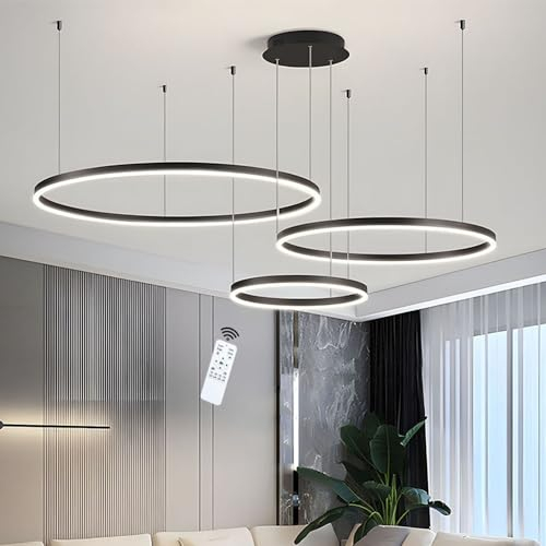 LIUYU Dimmbare LED Pendelleuchte 3 Ringe Schwarz Rund Design (40+60+80cm) | 106W Modern Hängelampe Ring mit Einstellbarer Höhe, für Wohnzimmer Küche Büro Schlafzimmer