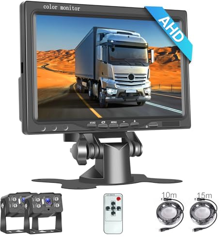 Hodozzy Rückfahrkamera 2 Kameras 7 Zoll IPS Monitor AHD Kamera Wasserdicht, Nachtsicht Frontkamera Rückfahrkamera Kabel, (9-36 Volt) Backup Kamera Einparkhilfe für LKW/Anhänger/Bus/Van/Wohnmobil