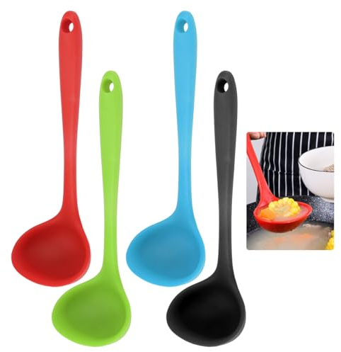 4 Stück Silikon Schöpfkelle Set, Hitzebeständige Schöpflöffel, 21cm, BPA-frei, Spülmaschinenfest, Mit Aufhängeloch Zum Rühren, Servieren Von Suppen (Rot, Schwarz, Grün, Blau)