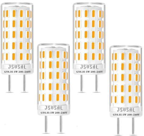 JSVSAL GY6.35 LED Bulb Non Dimmable, T4 JC Type GY6.35/G6.35 Bi-pin Base,AC 200-230V Daylight White 5000K,5W Equivalent to 40-50W G6.35/GY6.35 Halogen/Xenon/Incandescent Replacement Bulb (4 Pack)