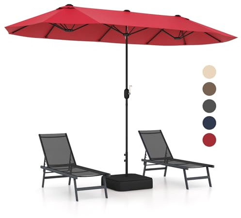 GOPLUS Parasol de Jardin Exterieur avec Pied, 4M Parasol Double Face avec Manivelle et Ventilation, Grand Parasol Extérieur pour 6 Personnes pour Marché, Piscine, Terrasse, Balcon (Rouge)