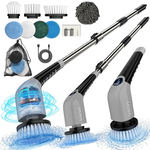 YKYI Electric Spin Scrubber-Cordless Power Scrubber with 8 Brush Heads, 3 Speeds & Adjustable Long Handle, IPX7 Waterproof Shower Cleaning Brush for Bathroom Tile, Bathtub, Grout, Kitchen(Off Grey)