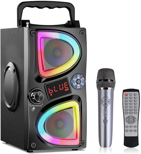 Bluetooth Speaker, 60W(Peak) Wireless Portable Small Home Party Speakers with Double Subwoofer Deep Bass, Microphone, FM Radio, Lights, Remote, 80dB Loud Stereo Sound Boombox for Outdoor Camping Gifts