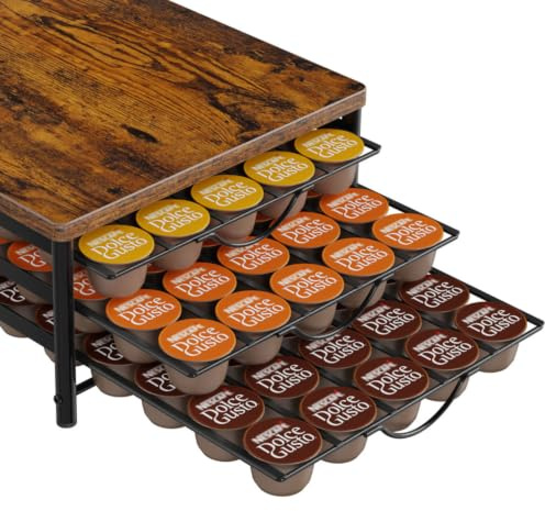 Kapselhållare för Dolce Gusto 90 kaffekapslar förvaring, 3 tysta metallkapsellådor med brun träplatta och halkfria fötter, lämplig för mörka och kontor