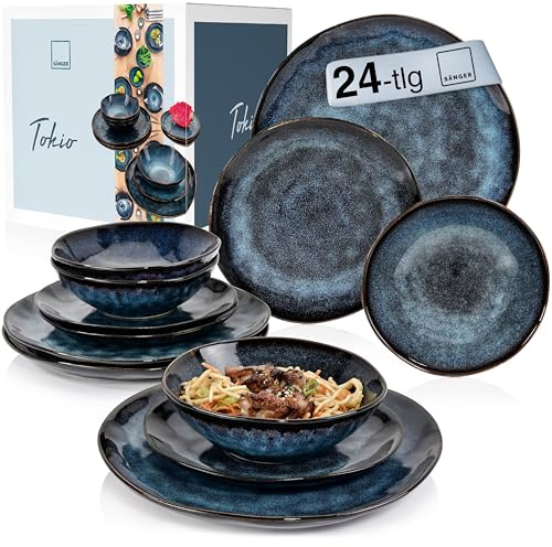 Sänger | Tafelservice Tokio 24 tlg, Geschirrset 8 Personen, Steingut Tableware Set, Essgeschirr, Modern Handmade, Essservice Dunkelblau mit schwarzen Akzenten| PREMIUM COLLECTION