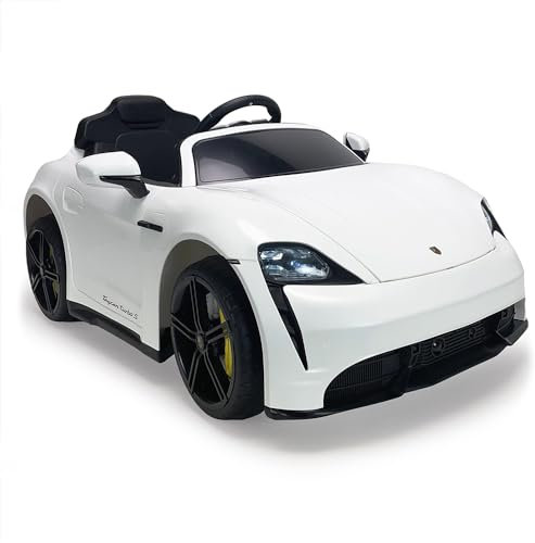 INJUSA Elektroauto Porsche Taycan 12 V, für Kinder von 2 bis 4 Jahren, Lichter, Geräusche, Rückwärtsgang, Fernbedienung, Akku und Ladegerät im Lieferumfang enthalten, 6 km/h, Weiß