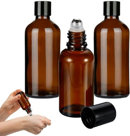 3PCS Amber Glass Roller Bottle 30ml for Essential Oils - Refillable Empty Ball for Perfumes and Oils