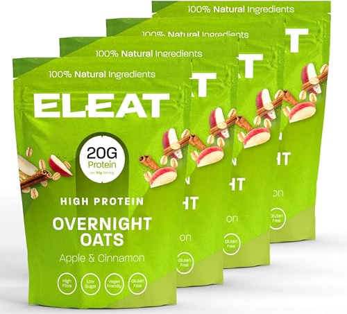 ELEAT | High Protein Healthy Overnight Oats Breakfast | Apple & Cinnamon Porridge | High Fibre Low-Sugar Porridge | Gluten Free & Vegan Friendly | 4 x 400g