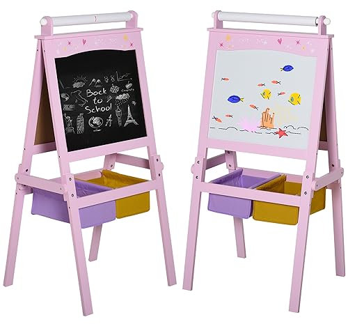HOMCOM Pizarra Infantil Caballete 3 en 1 Caballete Infantil de Doble Soporte para Niños de +3 Años con Papel en Rollo y 2 Cestas de Almacenaje 58,5x50,5x118 cm Rosa