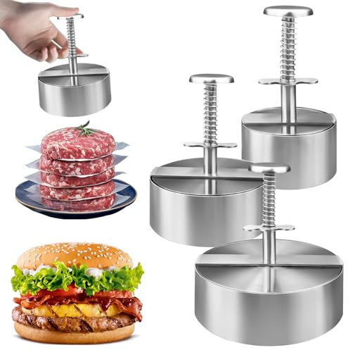 Pressa per hamburger in acciaio inox, regolabile, 3 dimensioni, resistente, antiaderente, per carne, verdure, manzo, barbecue, hamburger fatti in casa (8 cm, 11,5 cm, 14 cm)