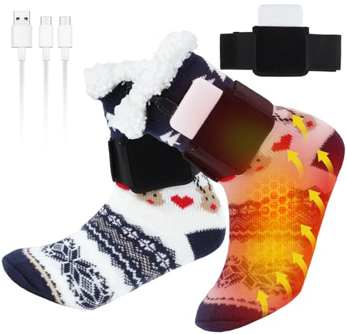 Rechargeable Heated Socks for Women Men, Christmas Socks Electric Heated Fuzzy Slipper Socks Women Winter Heating Socks Foot Warmer for Home Office Cold Feet Plantar Fasciitis Achilles Tendinitis