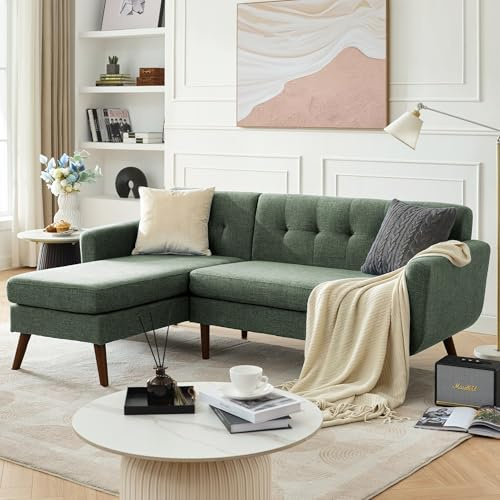 Tbfit L Shaped Couch Sofa, 80 W Mid-Century Modern Sectional Couches, 3 Seater Sofas with Wide Chaise Lounge, Button Tufted Upholstered Sectional Sofa for Living Room, Bedroom, Green