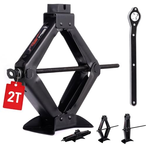 LEHMANN Cric Auto 2T - Cric a Forbice con Chiave a Cricchetto - Regolabile in Altezza 120–420mm – Cuscinetto in Gomma Integrato – ideale per Manutenzione, Riparazione e cambio gomme - Portatile