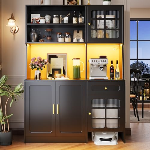 KUAKE - Armadio da cucina, a buffet con illuminazione a LED, mobile alto a buffet con 4 ante e 1 cassetto, credenza con ripiano portaoggetti, mobile con ripiani regolabili, 130 x 45 x 180 cm