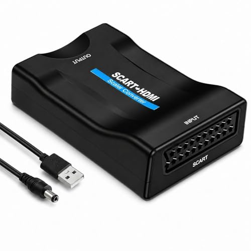 Adaptador Scart a HDMI Euroconector HDMI, Convertidor SCART a HDMI Entrada Scart Salida Audio Video HD 720p/1080p para HDTV Proyector Monitor STB VHS Xbox PS3 Sky DVD Blu-ray Wii TV VCR con Cable USB