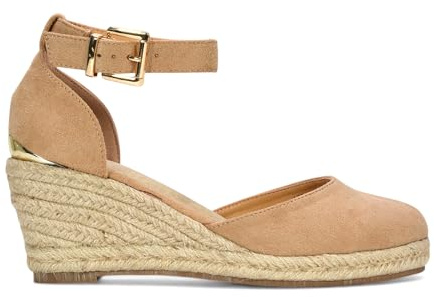 ESSEX GLAM Women's Wedge Heels Ladies Ankle Strap Mid Heel Closed Toe Espadrille Sandals Shoes Size 3-8