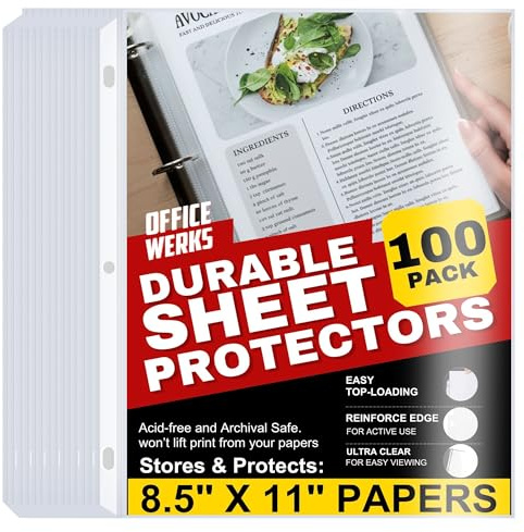 Office Werks 100 Clear Sheet Protectors, 8.5x11 Inch for 3 Ring Binder, Plastic Sheet Sleeves, Top Loading Paper Protector with Reinforced Holes, Archival Safe for Documents and Photos