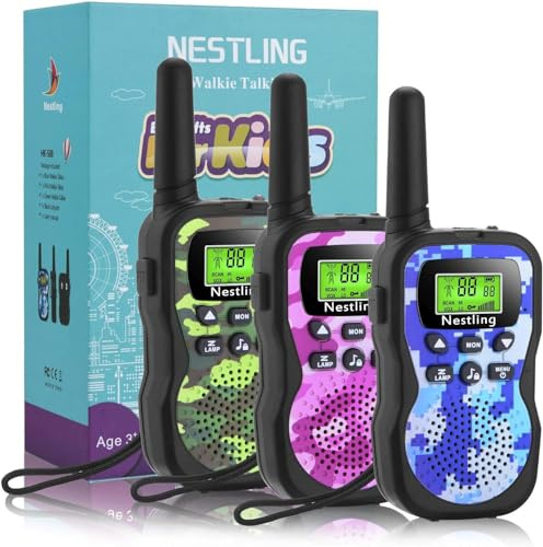 Nestling 3PCS Talkie Walkie Enfants, Talkies-Walkies Radio à 2 Voies avec 8 Canaux, Lampe de Poche LCD Rétro-éclairée, Cadeaux Jouets pour 3-12 Ans Camping, Aventures Extérieures