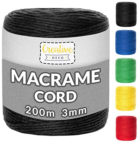 Creative DECO 3mm x 200m Cuerda Macramé Hilo Algodón Negra | Espesor +-0.5 mm | Cordón Rollo Grande Natural Grueso Fuerte Decoración Manualidades Artesanía Bricolaje y Embalaje