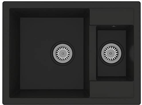 Tidyard Lavandino Cucina Doppia Vasca in Granito Nero/Grigio/Beige/Bianco con Foro Troppopieno,Lavello Cucina 2 Vasche in Granito,Lavello Incasso,Lavello Cucina Incasso,Lavello 2 Vasche 580x440x172mm