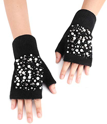 Hiver Gants pour Femme Gants Demi-doigts en Fausse Fourrure de Lapin Mitaines Chaudes en Peluche Chaude Gants Tricotés Gants Epais sans Doigts Moufle de Ski pour Etudiant Adulte (noir1 Taille)