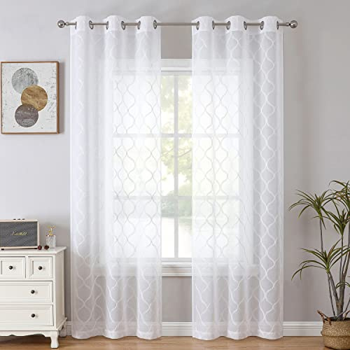 Bujasso White Sheer Curtains 84 inch Geometric Embroidered Light Filtering Window Panels for Living Room Bedroom Modern Moroccan Trellis Window Treatment Set Tulle Sheer Drapes Grommet Top W38xL84x2