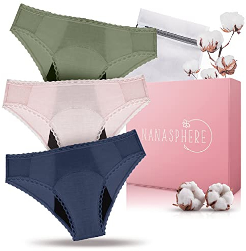 Lote de 3 Braguitas Menstruales Ultra Absorbentes Algodón Orgánico + Bolsa | Flujo Abundante Ropa Interior Menstruación Pérdidas Postparto (FR/ES, Letras, XL, Regular, Regular, Azul Rosa Caqui)