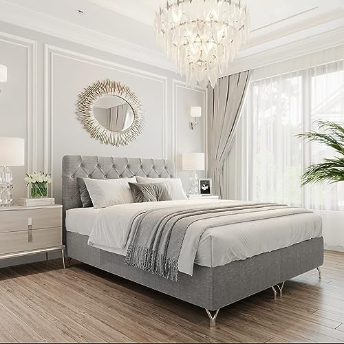 FURNISTAR Boxspringbett GracePLUS 200x200 Grau Doppelbett Bett mit Bonellmatratze Topper und Bettkasten Glamour Polsterbett mit silbernen 12 cm Beinen Modern Schlafzimmer Vintage Schlafzimmerbett