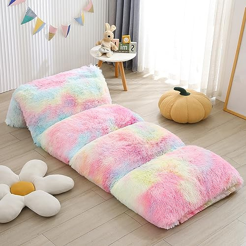 ZIQINPSQ Fleece Floor Pillow Case, Mattress Bed Lounger Cover,Faux Fur Tie Dye Pillow Bed Floor Lounger Cover,Recliner Floor Pillow for Girls Boys,Requires 5 Pillows (Pink, Queen)