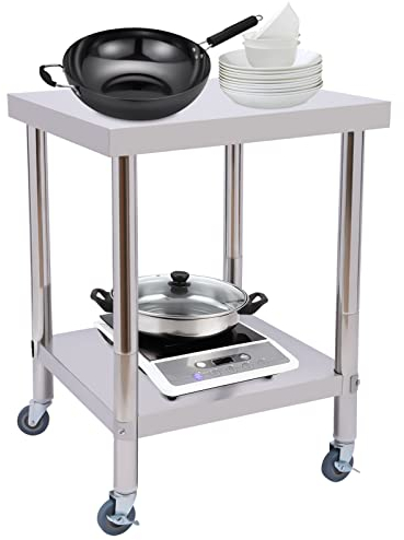 Work Table, 60 x 60 x 80 cm, Stainless Steel Catering Work Table, Preparation Table, Kitchen Table, 400 kg for Load Capacity, Food, Commercial Workstation for Kitchen, Garage (with Wheels)