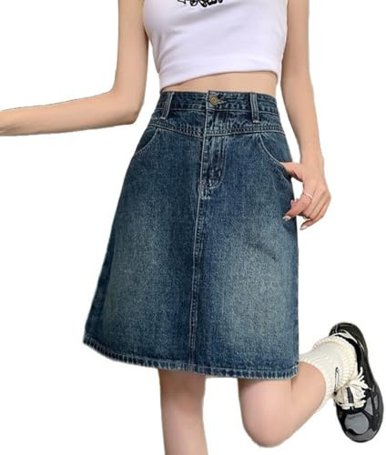 Damkjol I Jeanskjol Med Hög Resår I Midjan Loose Fit Enfärgad Jean-kjolar A-linje Knälång Kjol