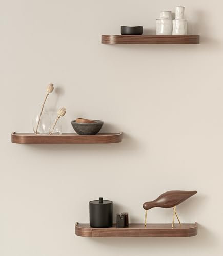 Kazai.® Wandregal-Set 'Neva' | 3 Hängeregale in Echtholz-Veneer | Schwebendes Holzregal als Wanddeko und Ablage für Bad, Wohnzimmer, Küche, Schlafzimmer und mehr | Walnuss