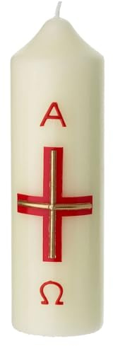 Holyart Candles, Large Candles: Paschal Candle White Modern Cross Gold Alpha Omega red 16.5x5 cm